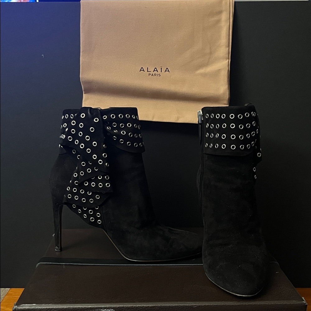 Alaïa Black Suede Grommet Embellished Ruffled Ankle Boots | Size 37 - Picture 1 of 7